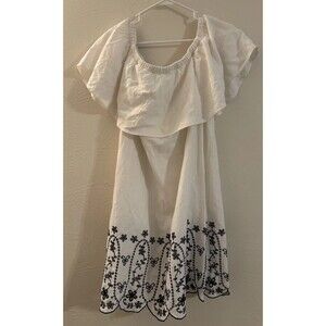 Old Navy Large Summer Dress White W/ Blue Floral Embroidering Cotton Midi Boho